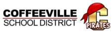 Coffeeville School District logo featuring the word “Pirates” with a stylized letter "c" wearing a red bandana.